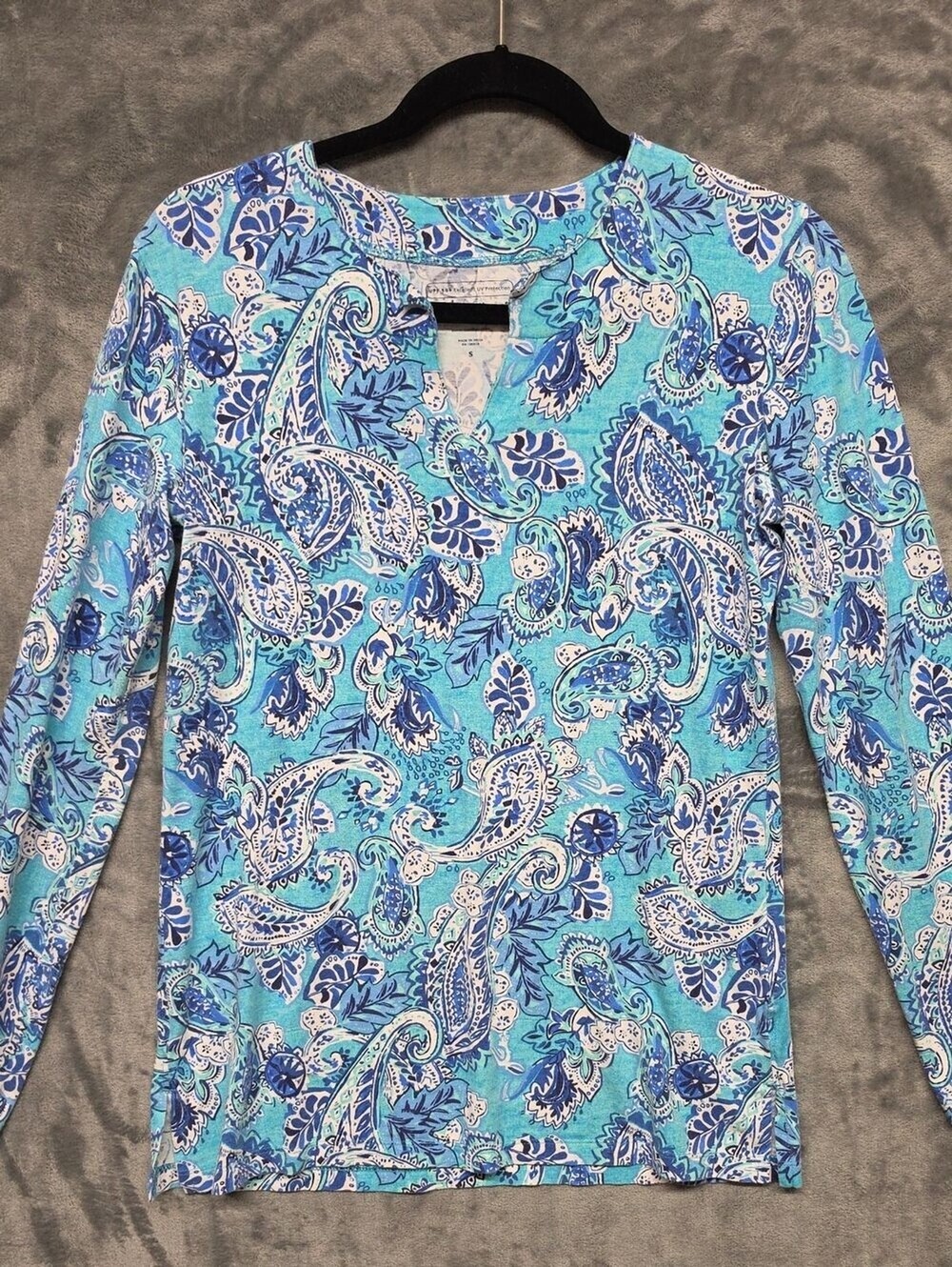 Coolibar S Women's Long-Sleeve Paisley Top in Aqua and Navy